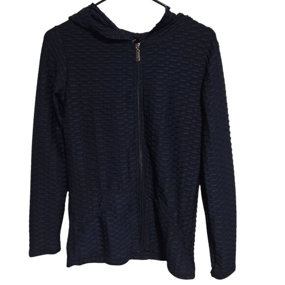 Navy Blue Textured Zip Up Hooded Jacket Womens Size Small Hoodie Winter Casual - Picture 1 of 4